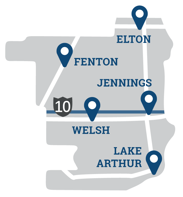 map inlcuding city of Jennings, and the towns of Lake Arthur, Welsh, Elton, and the villages of Fenton, Lacassine and Roanoke