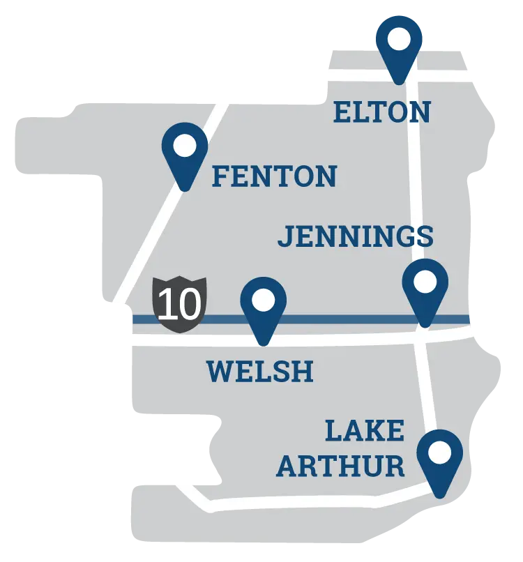 map inlcuding city of Jennings, and the towns of Lake Arthur, Welsh, Elton, and the villages of Fenton, Lacassine and Roanoke